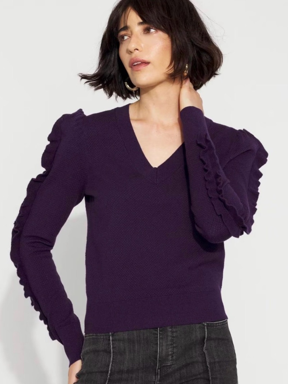 *NWT* WHBM Purple V-Neck Ruffle-Sleeve Sweater - XL